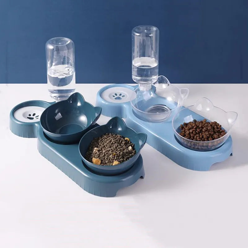 Cat and Dog Double Food Bowl with Automatic Water Dispenser 